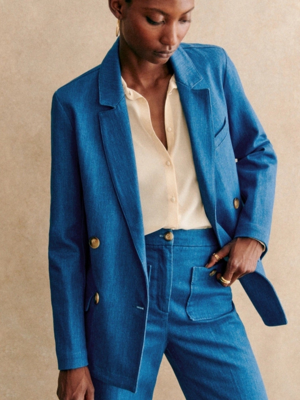 Sezane Christie Double-Breasted Denim Blue Blazer